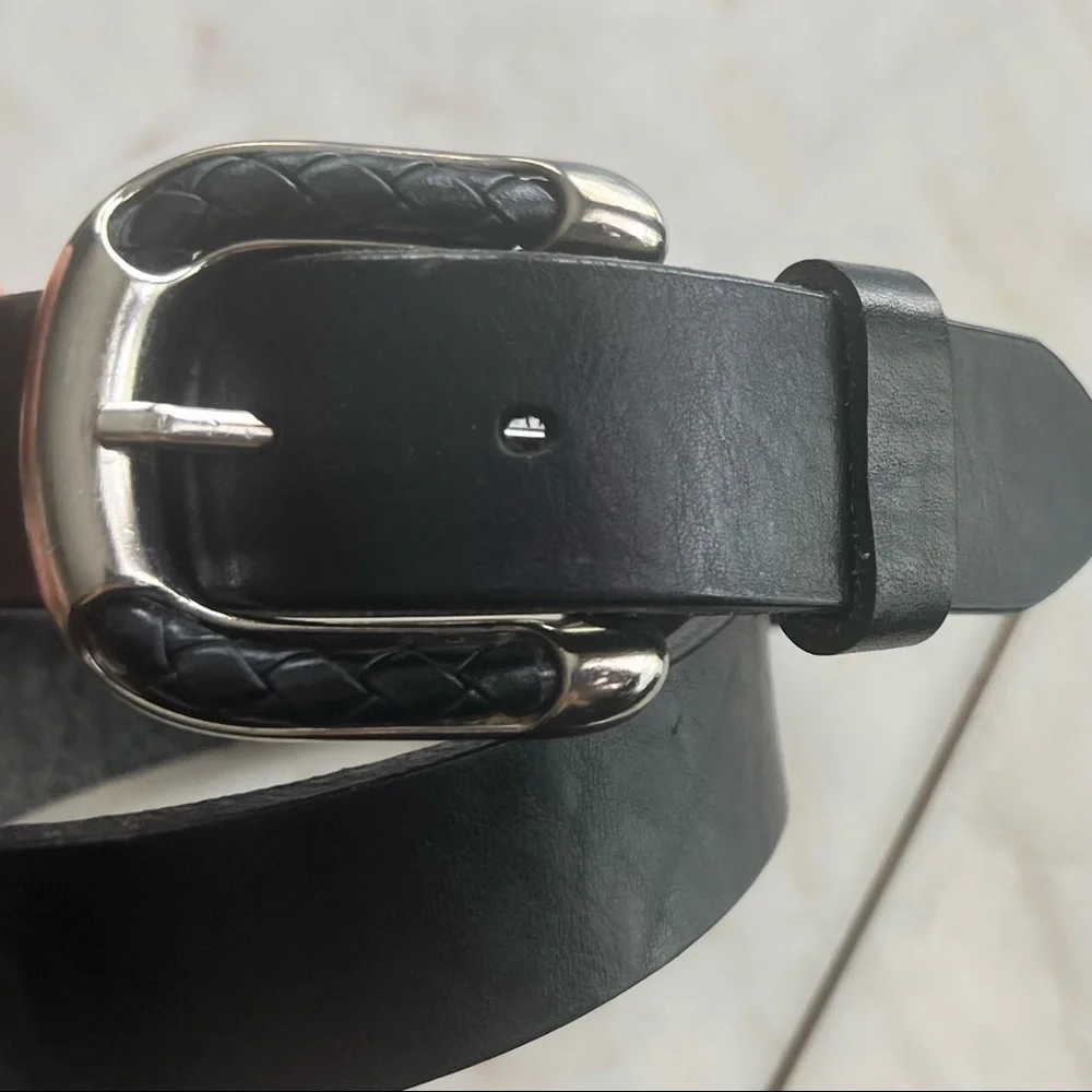 Mens BLACK Braided Leather/Silver Buckle FULL GRAIN COWHIDE Leather BELT S - Picture 2 of 8